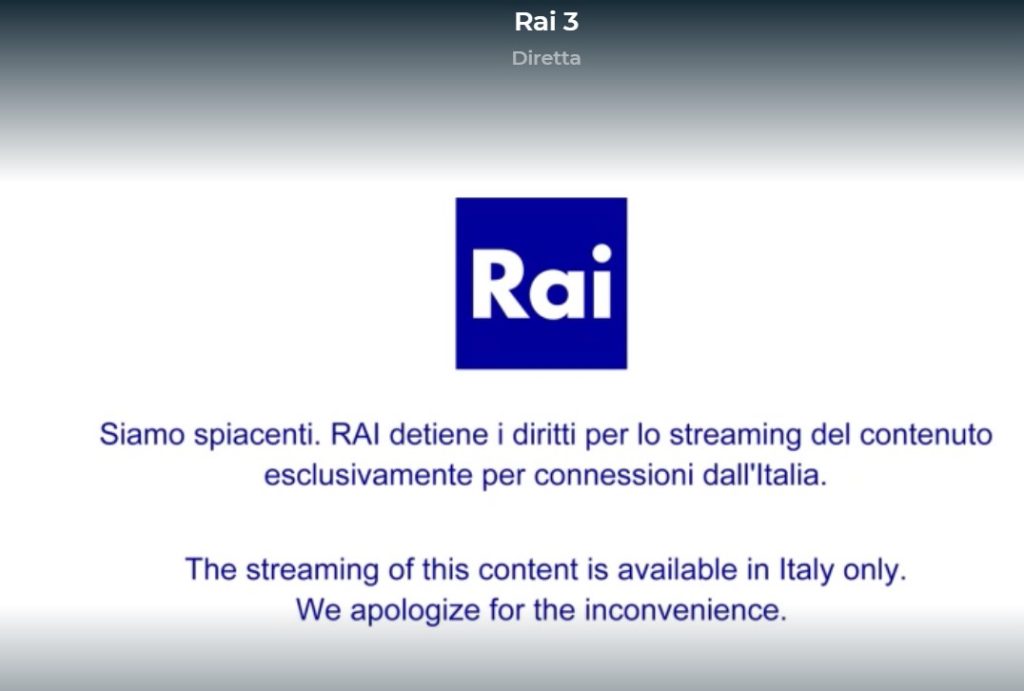 Messaggio di Errore su Rai Play per Rai 3 Streaming Estero